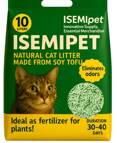 Green tea flushable tofu cat litter in green die-cut handle flat bottom bag by ISEMIPET, natural odor control