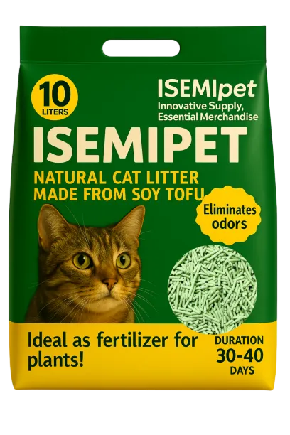 Green tea flushable tofu cat litter in green die-cut handle flat bottom bag by ISEMIPET, natural odor control
