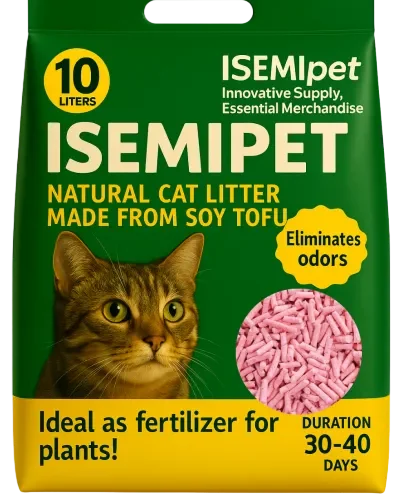 Pink peach-scented flushable tofu cat litter in green and yellow die-cut handle flat bottom bag by ISEMIPET