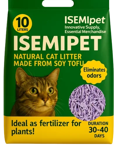 Purple Flushable Tofu Cat Litter in Die-Cut Handle Flat Bottom Bag by ISEMIPET