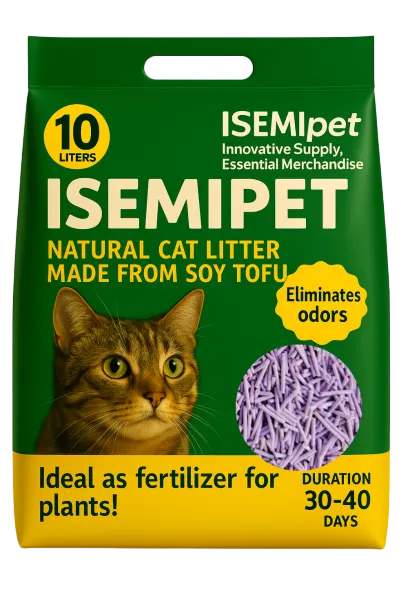Purple Flushable Tofu Cat Litter in Die-Cut Handle Flat Bottom Bag by ISEMIPET