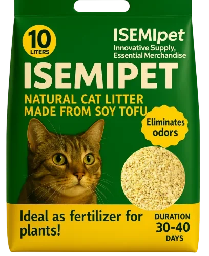 Yellow Crumbled Corn Cat Litter and Tofu Cat Litter in Die-Cut Handle Flat Bottom Bag by ISEMIPET