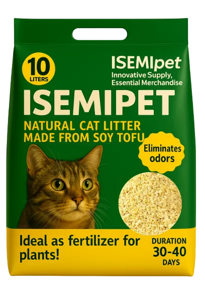 Yellow Crumbled Corn Cat Litter and Tofu Cat Litter in Die-Cut Handle Flat Bottom Bag by ISEMIPET