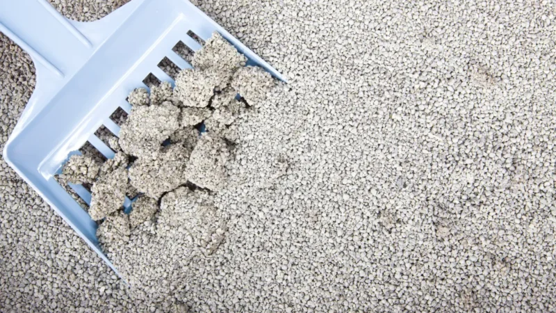 natural and fast clumping bentonite cat litter from ISEMIPET Natural fast-clumping bentonite cat litter on scoop by ISEMIPET