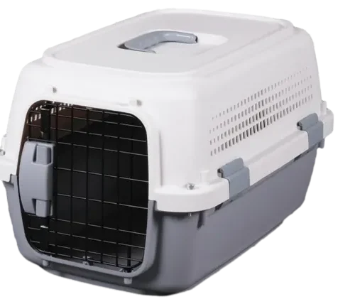 Durable gray pet transport box with solid top and wire gate