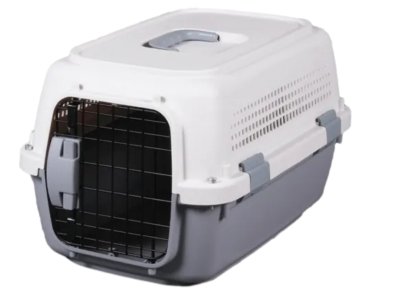 Durable gray pet transport box with solid top and wire gate