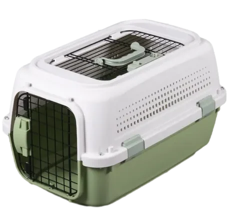 Green plastic pet carrier with top ventilation and front gate