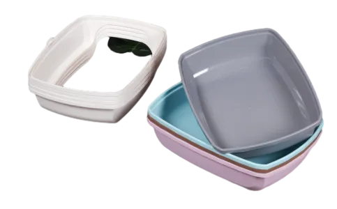 Stackable Semi-Closed Cat Litter Boxes 3 Colors by ISEMIPET Stack of pink, teal, and grey minimalist cat litter boxes