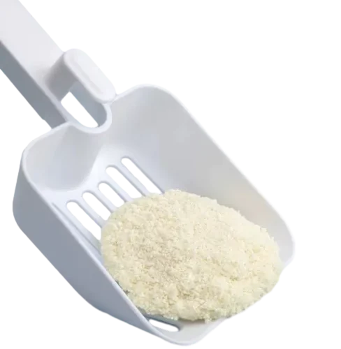 Cassava Tofu Cat Litter Granules on White Plastic Scoop by ISEMIPET