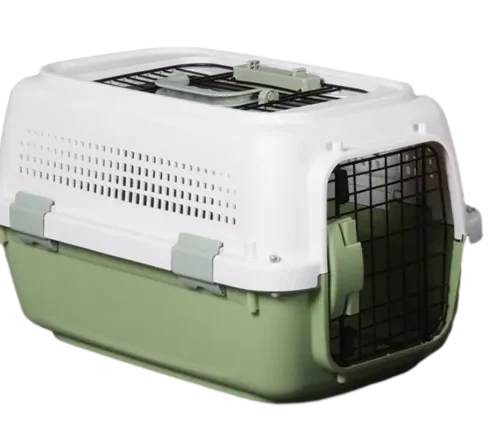 Semi-open pet crate in olive green with skylight and air holes
