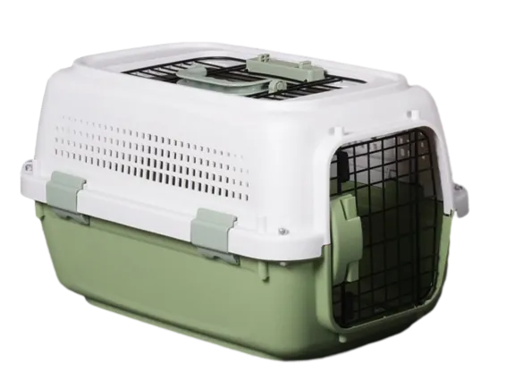 Semi-open pet crate in olive green with skylight and air holes