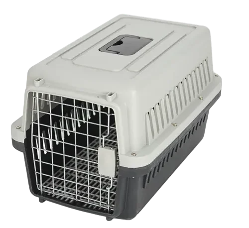 portable plastic pet carrier aka Gray Plastic Travel Crate with Metal Gate by ISEMIPET Single portable pet carrier in gray and black with front iron gate