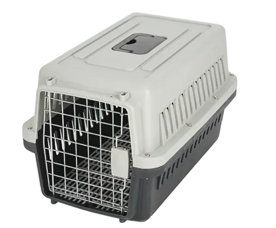 Single portable pet carrier in gray and black with front iron gate
