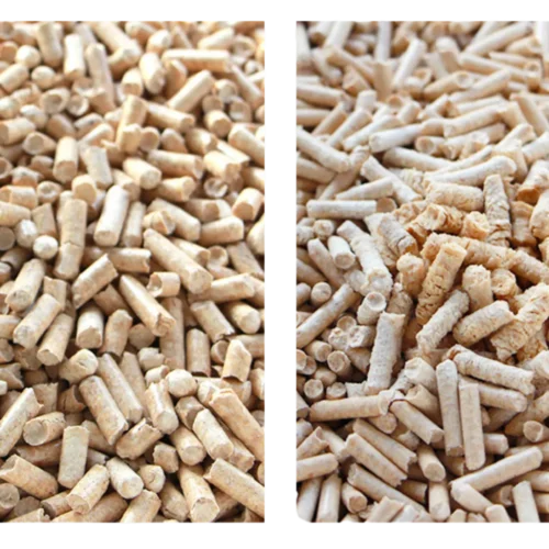 Comparison of wood pellet cat litter before and after absorbing water